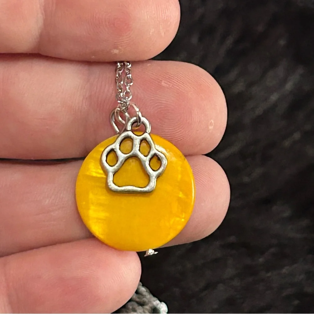 Handcrafted mustard yellow mother of pearl paw charm pendant on chain necklace